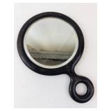 Vintage Black Round Pocket Mirror with Loop Handle - Monogram Back