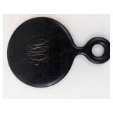 Vintage Black Round Pocket Mirror with Loop Handle - Monogram Back