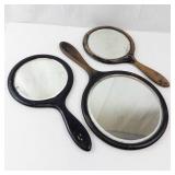 Vintage Hand Mirror Set - Round Mirrors with Wood & Black Lacquer Handles