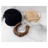 Vintage Hat Trio - Black Velvet Cloche With Veil, Beige Straw Hat, Brown Fur Muff