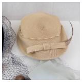 Vintage Hat Trio - Black Velvet Cloche With Veil, Beige Straw Hat, Brown Fur Muff