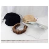 Vintage Hat Trio - Black Velvet Cloche With Veil, Beige Straw Hat, Brown Fur Muff