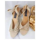 VINTAGE Beige Woven Sandals, Gold Metallic Bow Sandals, Tan Perforated Sandals, Black Leather Ankle Boot