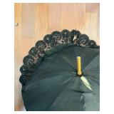 Vintage Lace-Trim Parasol Umbrella - Wood Shaft, Black Canopy