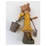 Poliwoggs Bear Figurine - Vintage Primitive Art, Yellow Dress with Bucket & Shovel