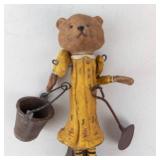 Poliwoggs Bear Figurine - Vintage Primitive Art, Yellow Dress with Bucket & Shovel