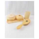 Celluloid Vanity Set - Cream Yellow Powder Jars, Tray, Cup & Brush (Vintage)