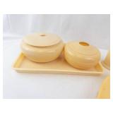 Celluloid Vanity Set - Cream Yellow Powder Jars, Tray, Cup & Brush (Vintage)
