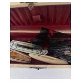 Antique Manicure Set in Ivory Colored Box with Engraved Metal Tools