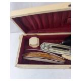 Antique Manicure Set in Ivory Colored Box with Engraved Metal Tools
