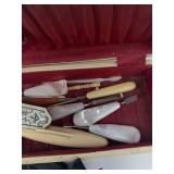 Antique Manicure Set in Ivory Colored Box with Engraved Metal Tools