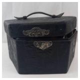 Vintage Hexagonal Hat Box - Black Embossed Exterior, Red Satin Interior w/ Hat Shaper Inserts