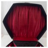 Vintage Hexagonal Hat Box - Black Embossed Exterior, Red Satin Interior w/ Hat Shaper Inserts