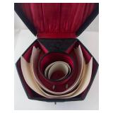 Vintage Hexagonal Hat Box - Black Embossed Exterior, Red Satin Interior w/ Hat Shaper Inserts