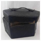 Vintage Hexagonal Hat Box - Black Embossed Exterior, Red Satin Interior w/ Hat Shaper Inserts