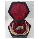 Vintage Hexagonal Hat Box - Black Embossed Exterior, Red Satin Interior w/ Hat Shaper Inserts