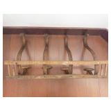 Antique Bridle Rack with Four Rustic Hooks on Wooden Base