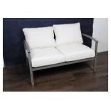 Gray Outdoor Patio Loveseat with White Cushions