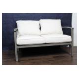 Gray Outdoor Patio Loveseat with White Cushions