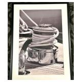 Framed Black & White Nautical Photo - Coiled Rope & Deck Winch