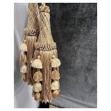 Vintage Blue Damask Sofa - Gold Fringe & Nailhead Trim - Drop Down Sides