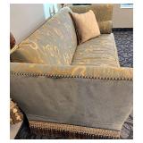 Vintage Blue Damask Sofa - Gold Fringe & Nailhead Trim - Drop Down Sides