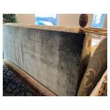 Vintage Blue Damask Sofa - Gold Fringe & Nailhead Trim - Drop Down Sides