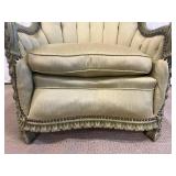 Vintage Green Velvet Armchair & Carved Wood Trim - Rococo Style