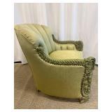 Vintage Green Velvet Armchair & Carved Wood Trim - Rococo Style