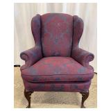 Wingback Chair - Damask Upholstery Blue & Burgundy with Carved Wood Legs #1