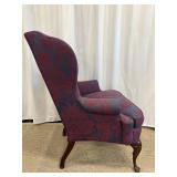 Wingback Chair - Damask Upholstery Blue & Burgundy with Carved Wood Legs #1