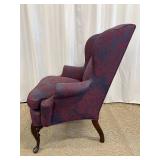 Wingback Chair - Damask Upholstery Blue & Burgundy with Carved Wood Legs #1