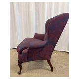 Wingback Chair - Damask Upholstery Blue & Burgundy with Carved Wood Legs #2