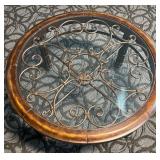 Round Glass Coffee Table - Wrought Iron Scrollwork & Wood Rim