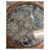 Round Glass Coffee Table - Wrought Iron Scrollwork & Wood Rim