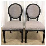 Pair of Black Wood Dining Chairs - Grey Upholstery & Oval Backs