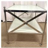 Chrome Glass End Table - 2-Tier, X-Brace & Casters - 23 in W x 21 in D x 20 in H