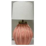 Pink Ribbed Table Lamp & White Fabric Shade #1