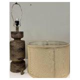 Rustic Turned Wood Table Lamp - Beige Fabric Shade