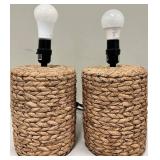 Pair of Rope-Wrapped Table Lamps with White Bulbs - Natural Fiber Bases