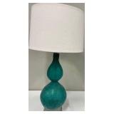 Teal Glass Table Lamp & White Drum Shade