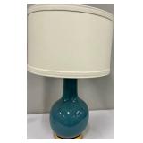 Teal Blue Glass Table Lamp - Cream Drum Shade & Gold Base