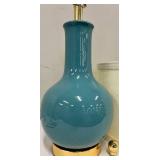Teal Blue Glass Table Lamp - Cream Drum Shade & Gold Base