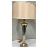 Mid-Century Modern Style Table Lamp & Beige Fabric Shade - Silver Cone Base with Gold Trim