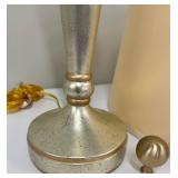 Mid-Century Modern Style Table Lamp & Beige Fabric Shade - Silver Cone Base with Gold Trim