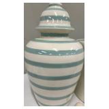 Ceramic Table Lamp - Teal Striped Vase Base & White Drum Shade