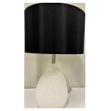 White Ceramic Table Lamp - Diamond Pattern Base & Black Drum Shade