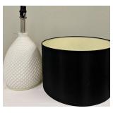 White Ceramic Table Lamp - Diamond Pattern Base & Black Drum Shade