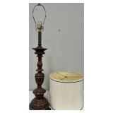 Vintage Turned-Wood Table Lamp with White Drum Shade