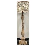 Antique-Style Floor Lamp with Ornate Carved Base & Colorful Patterned Drum Shade